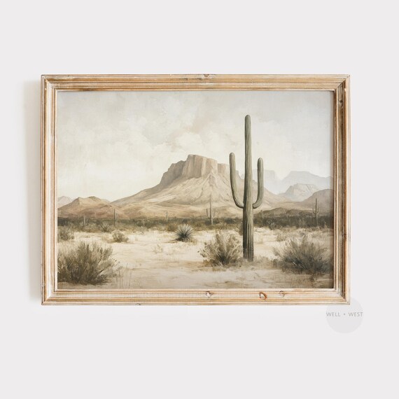 Vintage Southwest Print Neutral Desert Landscape Oil Painting Retro Boys Room Art Rustic Western Cowboy Wall Art P311