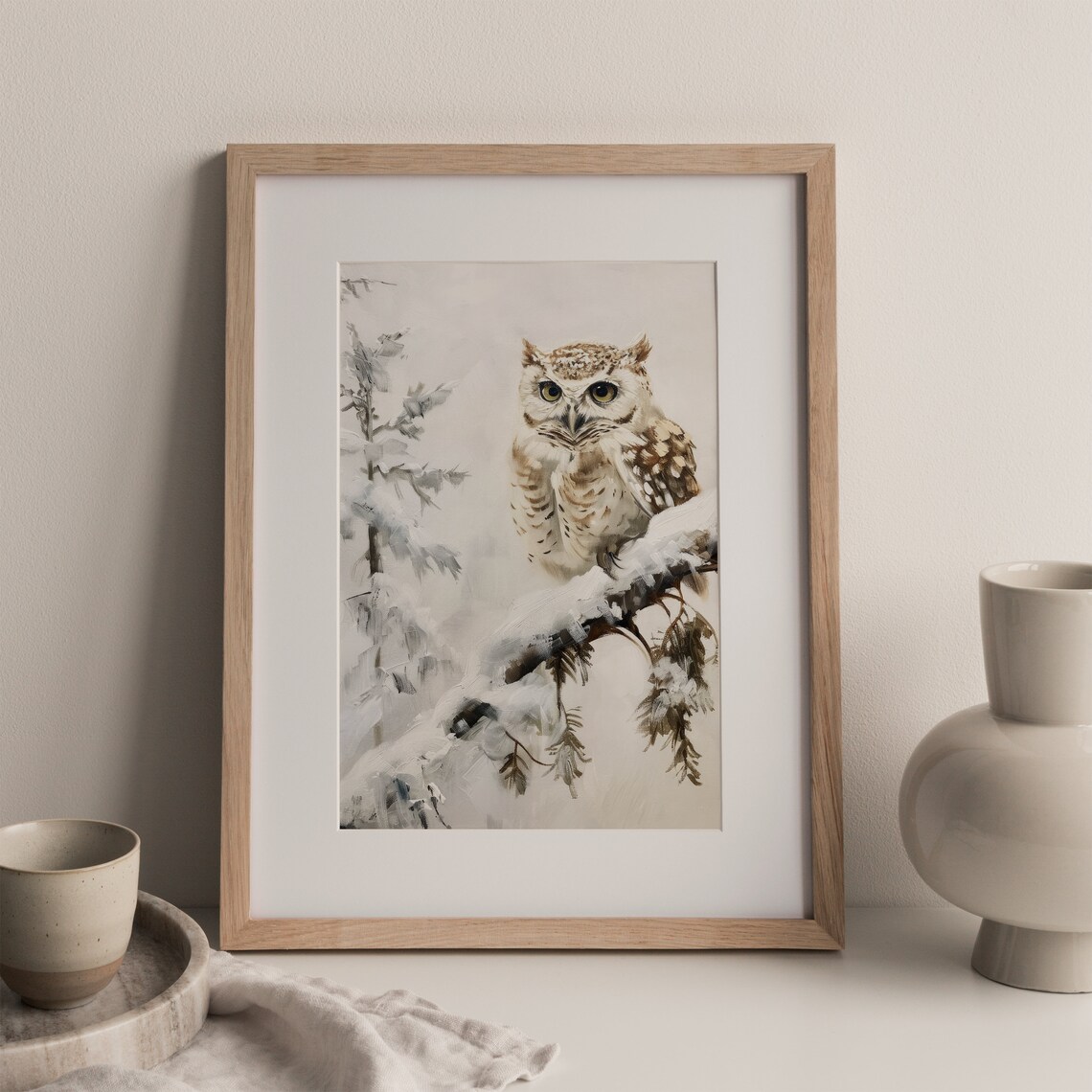 Winter Owl On Snowy Branch Vintage Neutral Oil Painting Art Print - Image 3