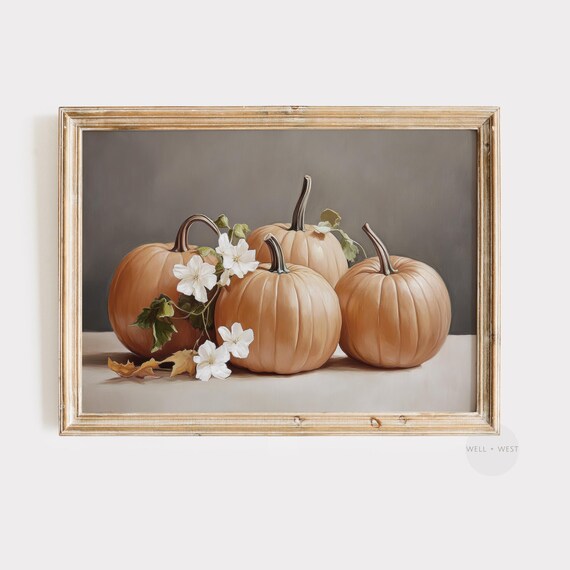 Four Pumpkins With White Blossoms Autumn Harvest Season Art Print