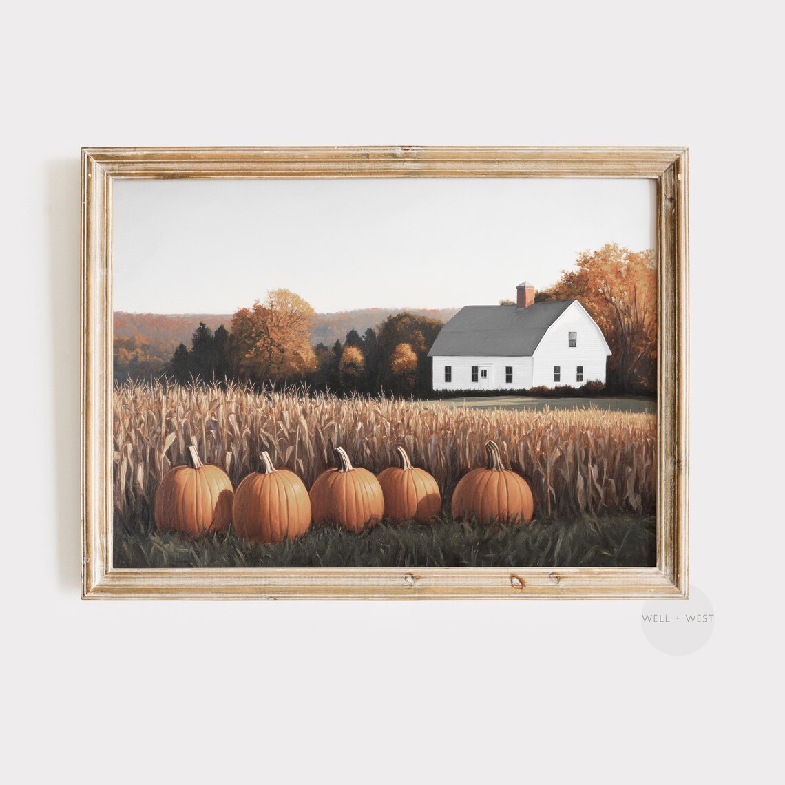 Farmhouse With Pumpkins Cornfield Autumn Country Travel Poster