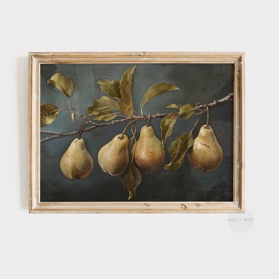 Moody Pear Painting Vintage Kitchen Decor Fruit Still Life Wall Art Navy Antique Oil Painting P102