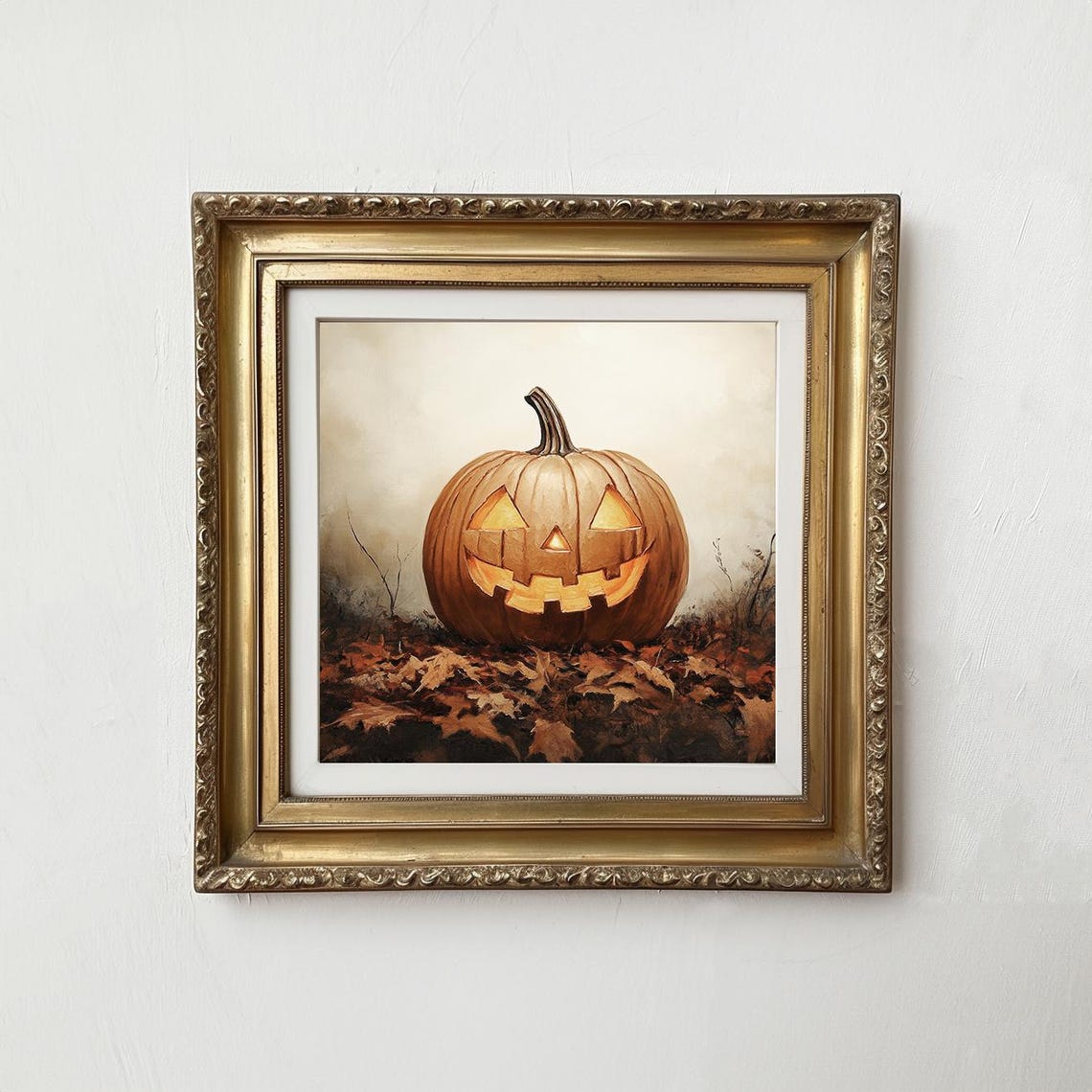 Glowing Jack O Lantern Pumpkin Autumn Leaves Vintage Fall Art Print - Image 2