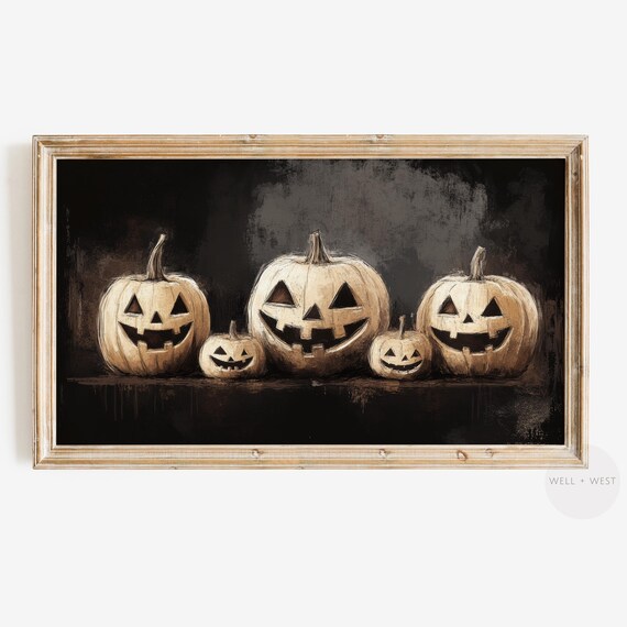Vintage Jack O Lanterns Sketch Dark Halloween Night Art Print
