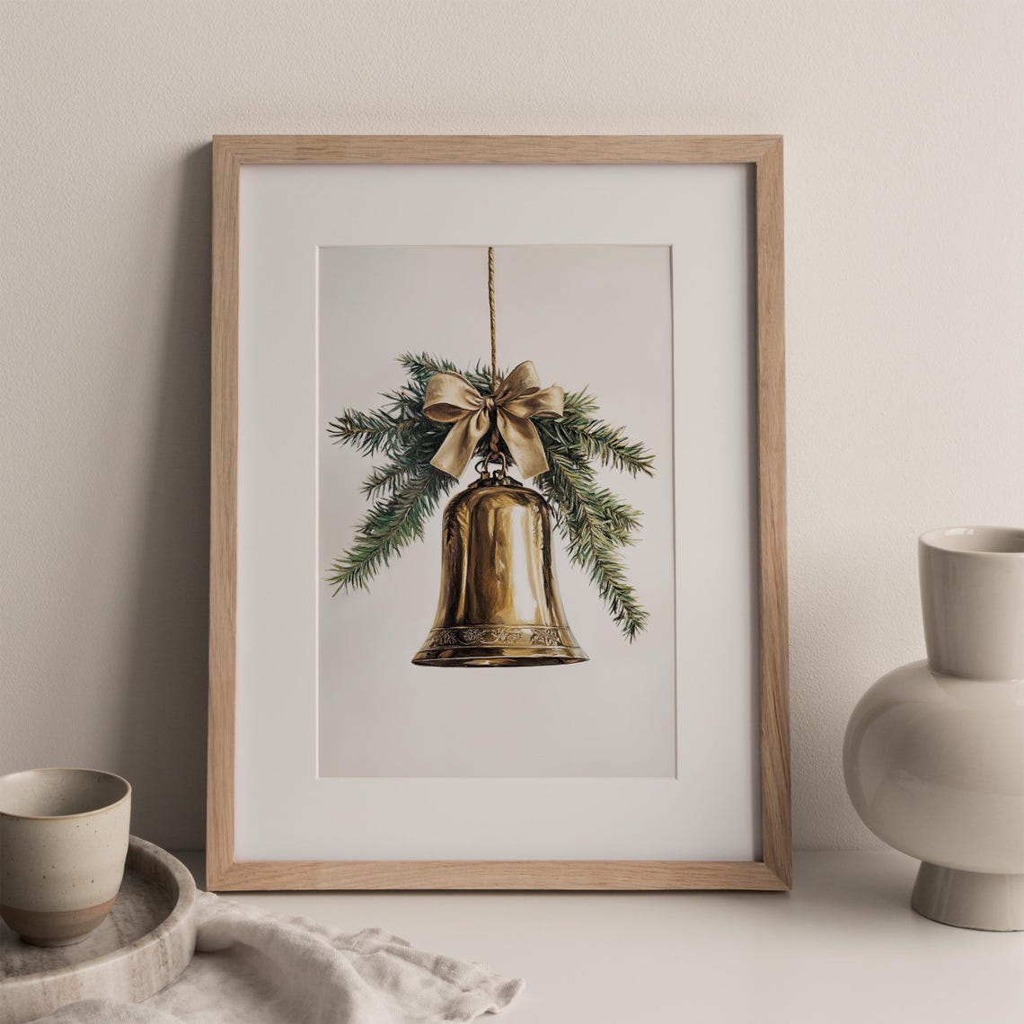 Vintage Brass Jingle Bell Pine Sprig Gold Bow Minimalist Holiday Print - Image 3