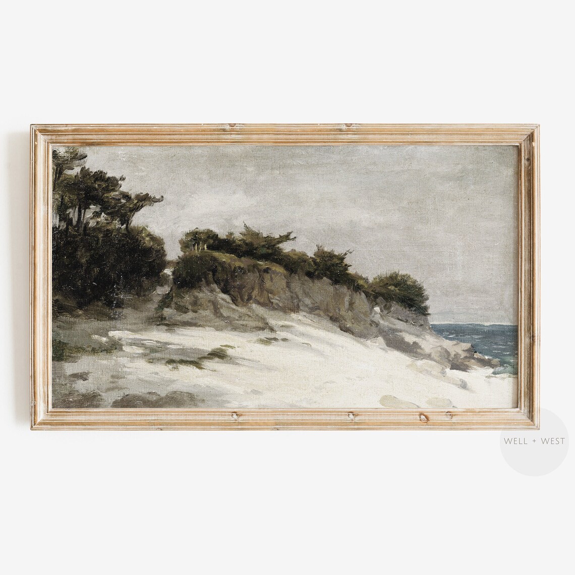 Coastal Beach Dunes with Pine Trees Muted Vintage Seascape Oil Painting Poster