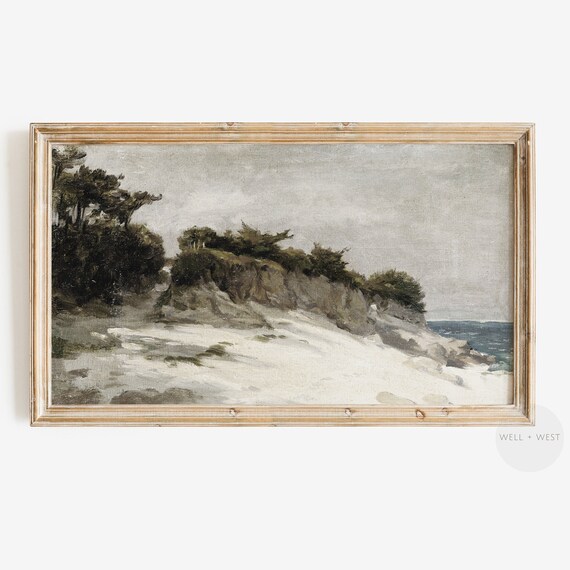 Coastal Beach Dunes with Pine Trees Muted Vintage Seascape Oil Painting Poster