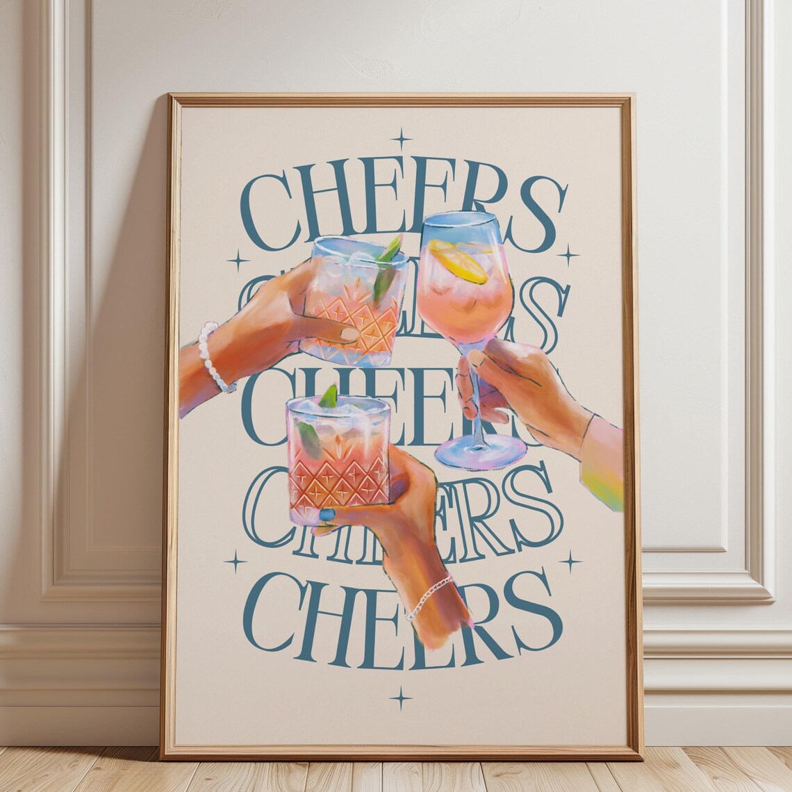 Cheers Cocktail Toast Blue Typography Bar Cart Party Art Print