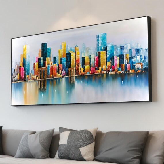 Colorful City Skyline Water Reflection Modern Abstract Art Poster