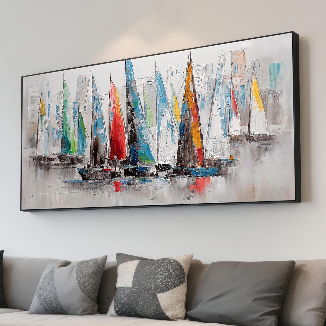 Colorful Abstract Sailboats Regatta Oil Painting Nautical Wall Art