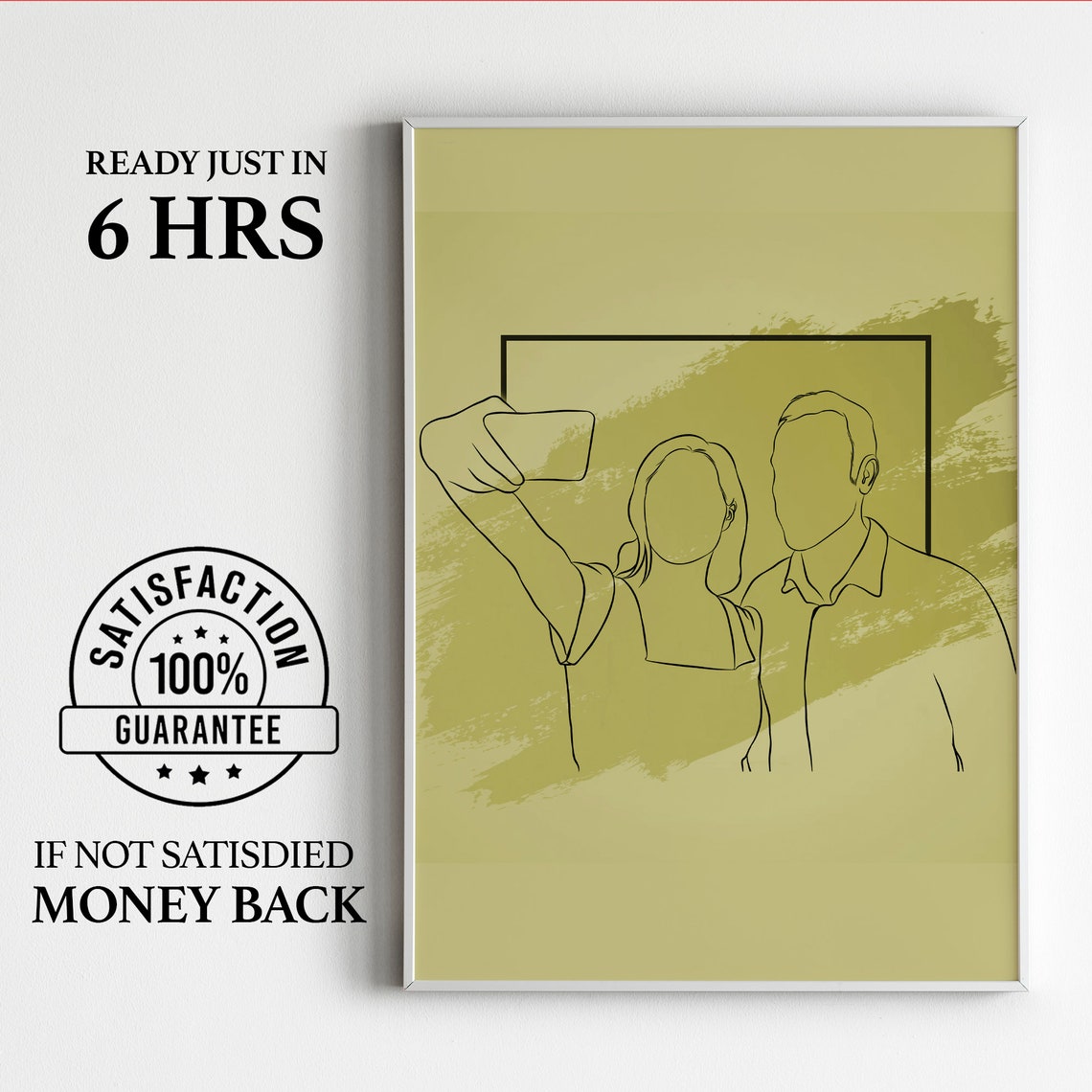 Couple Taking Selfie Faceless Line Drawing on Olive Green Poster
