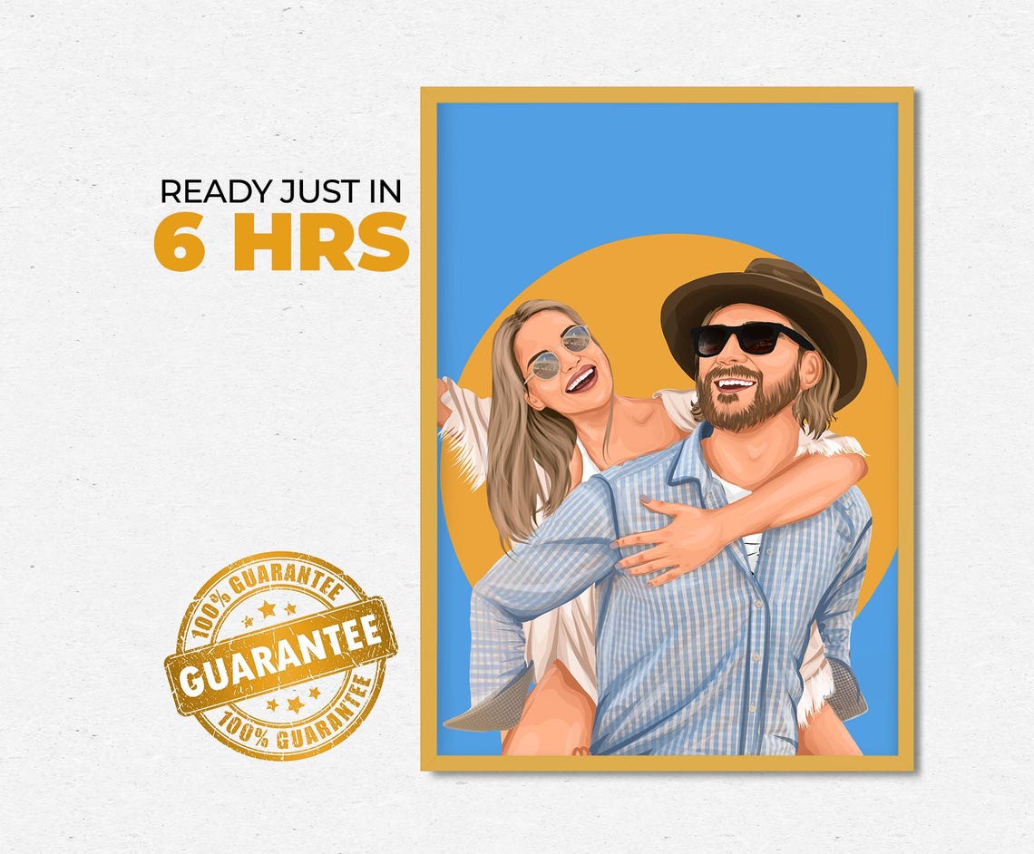 Custom Couple Piggyback Illustration With Sunset Circle Poster