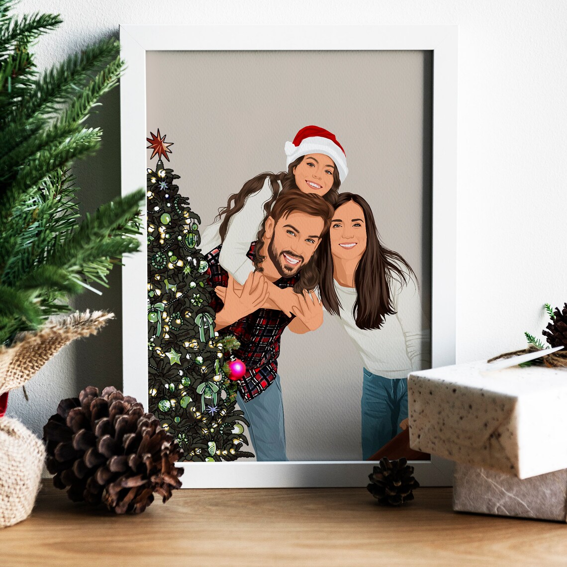 Warm Cozy Christmas Couple in Santa Hats Loving Embrace Poster - Image 3