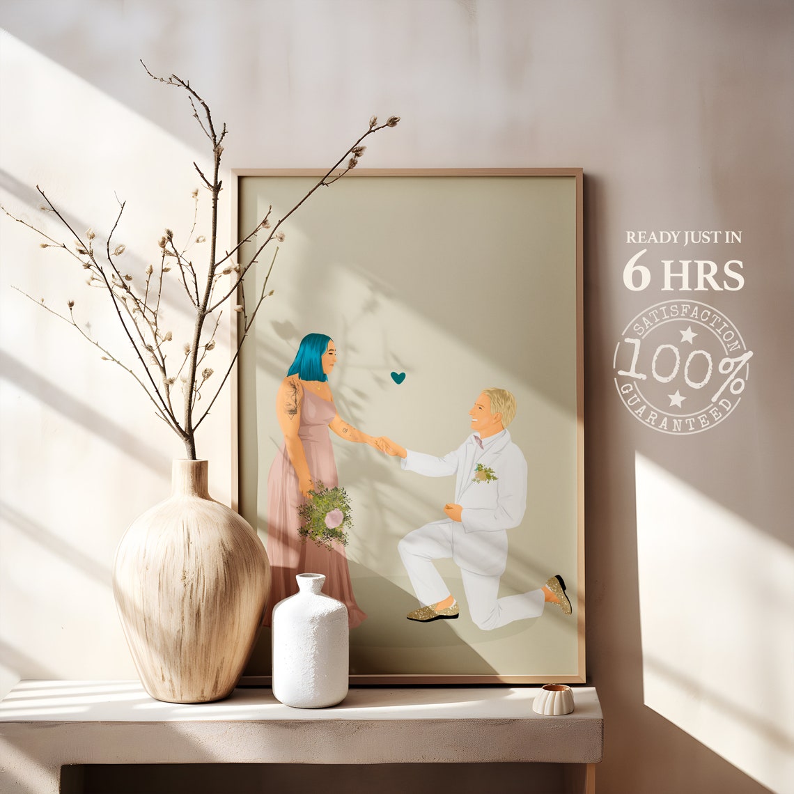 Romantic Marriage Proposal Blue Hair Bride Illustration Poster