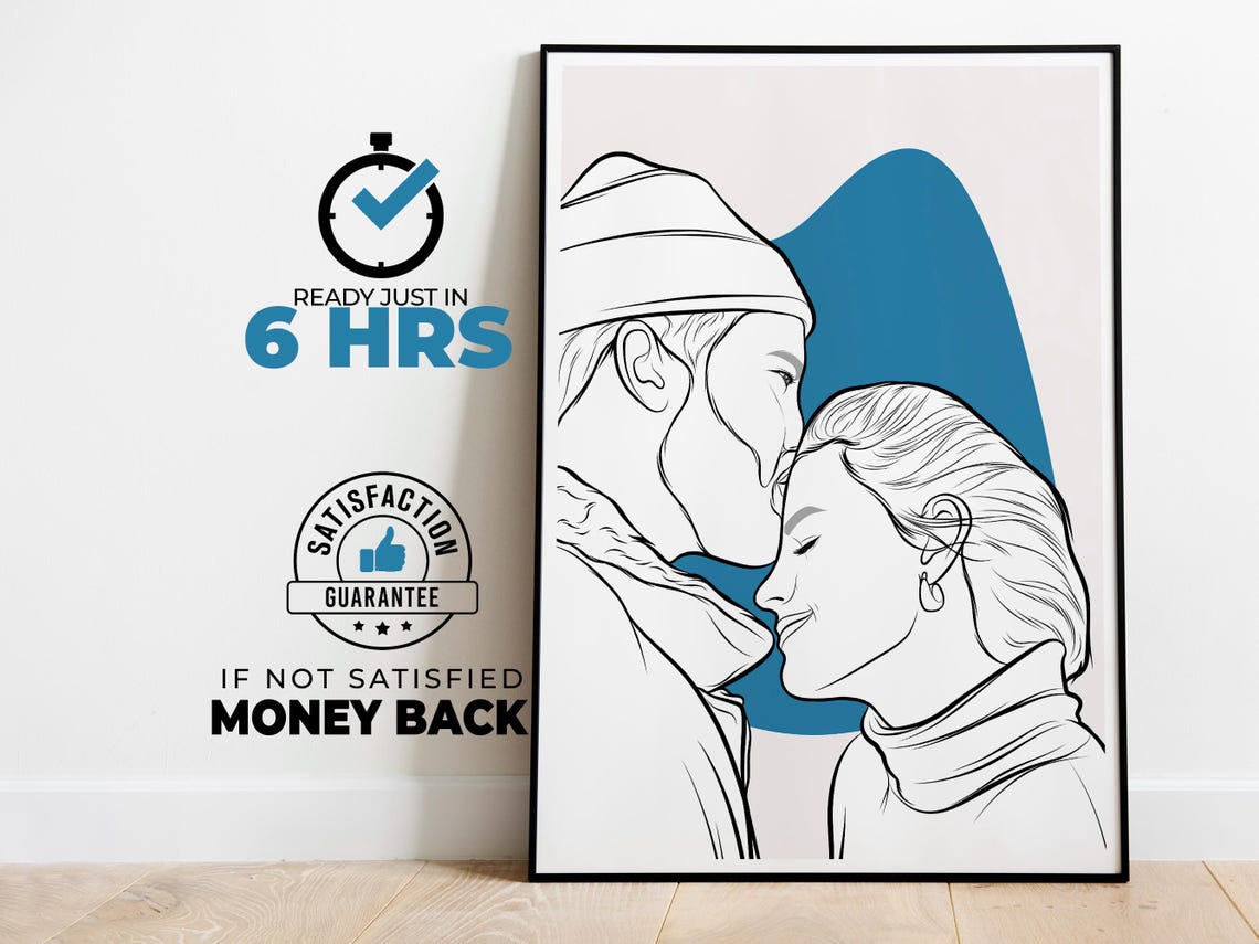 Custom One Line Art Couple Portrait With Teal Blue Backdrop Poster