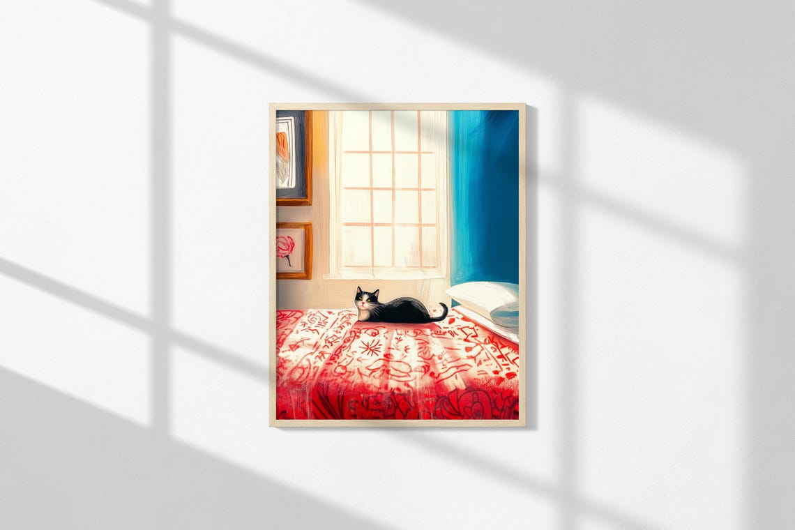 Black Cat On Red Bed Cozy Bedroom Oil Painting Style Retro Art Poster