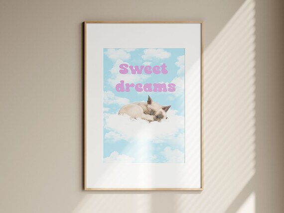 Sweet Dreams Kitten Poster Sleeping Cat on Cloud Nursery Decor