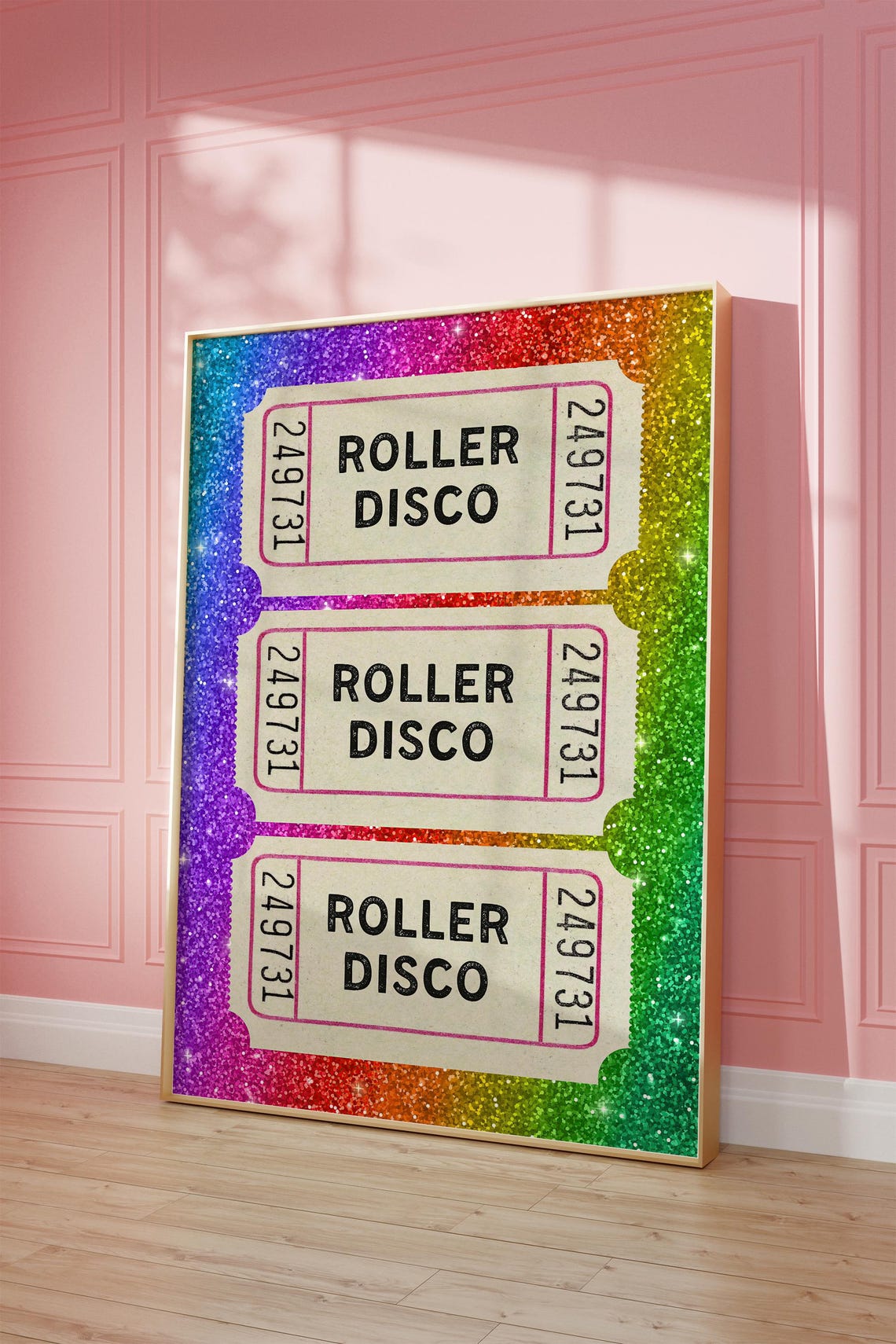 Roller Disco Ticket Stub Wall Art Rainbow Print Vintage Ticket Poster Glitter Trendy Wall Art - Image 2