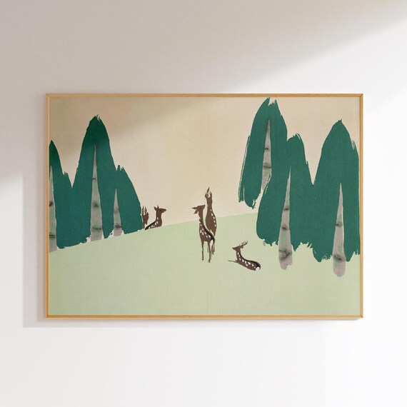 Vintage Japanese Style Deer in Forest Green Woodblock Art Poster