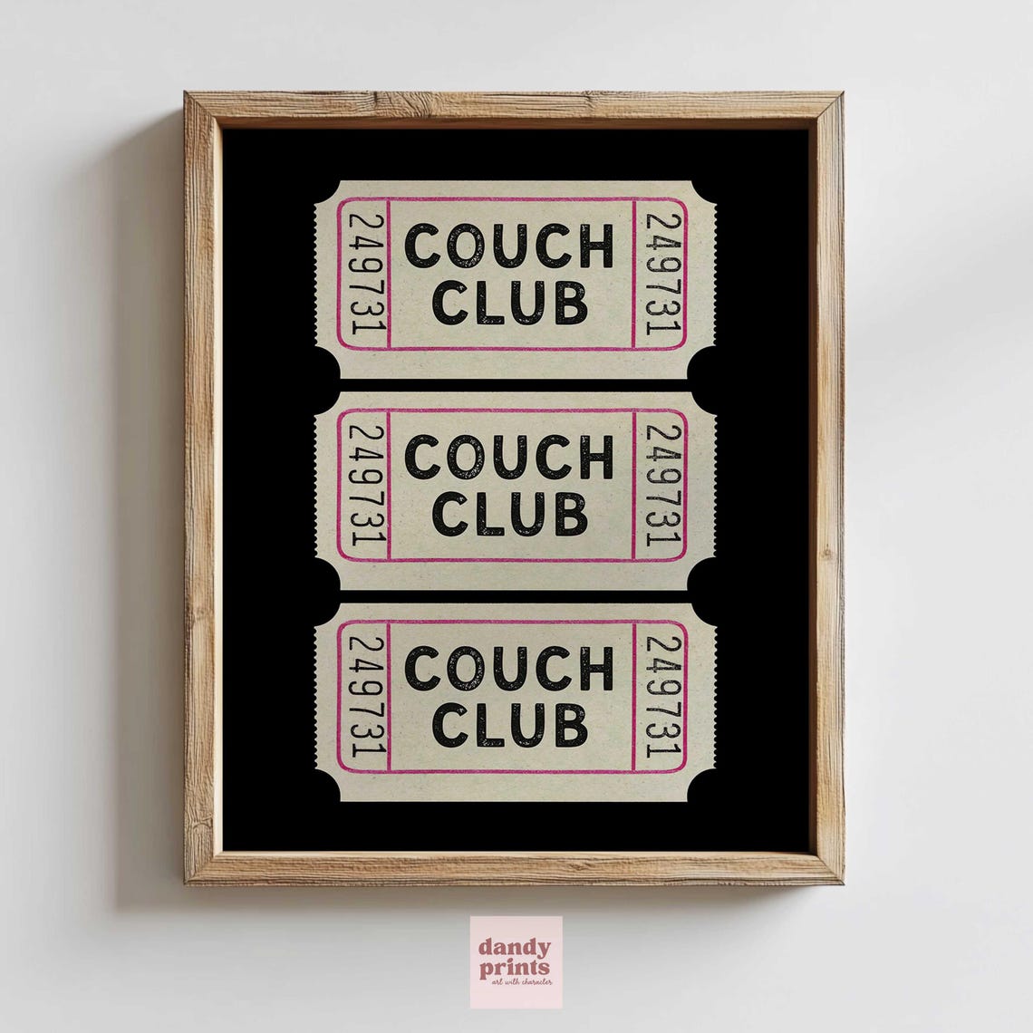 Couch Club Retro Cinema Ticket Stubs Black Background Wall Art