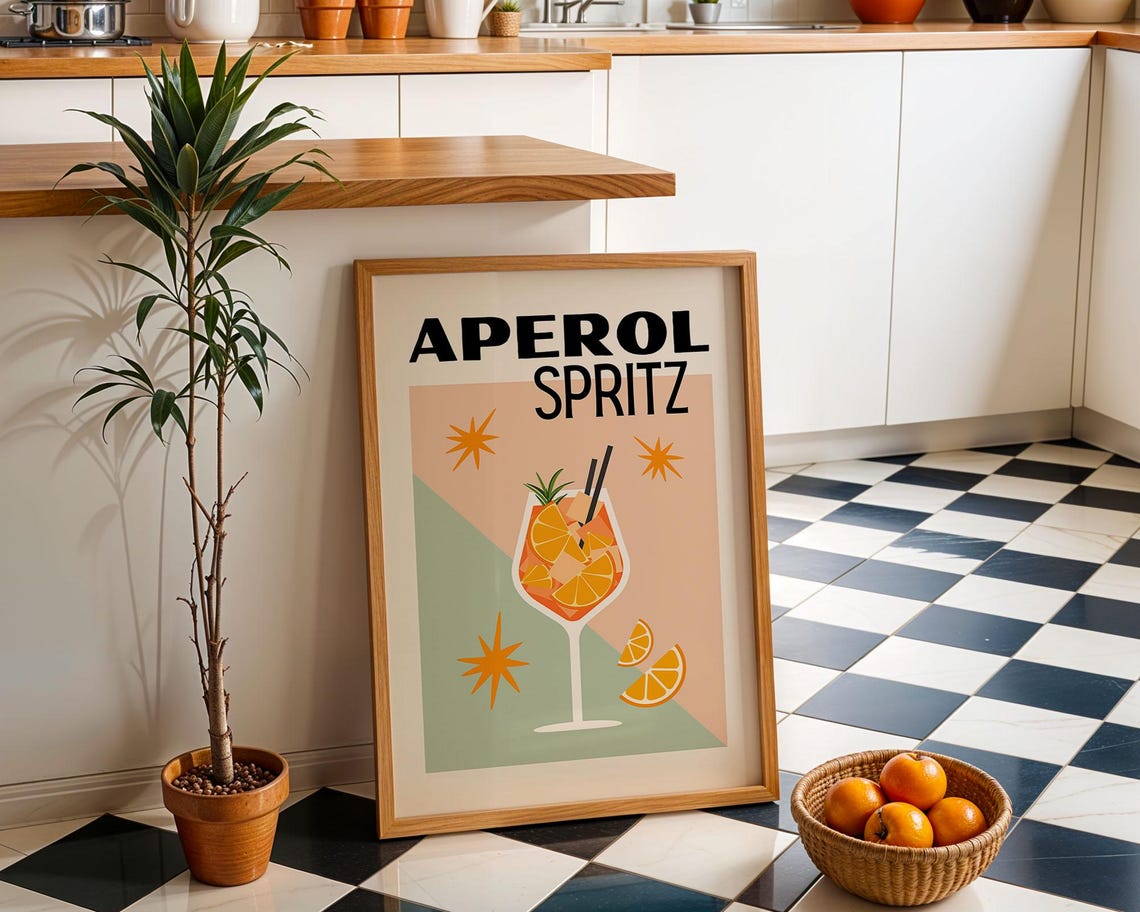 Aperol Spritz Retro Cocktail Glass Mid Century Bar Cart Wall Art - Image 4