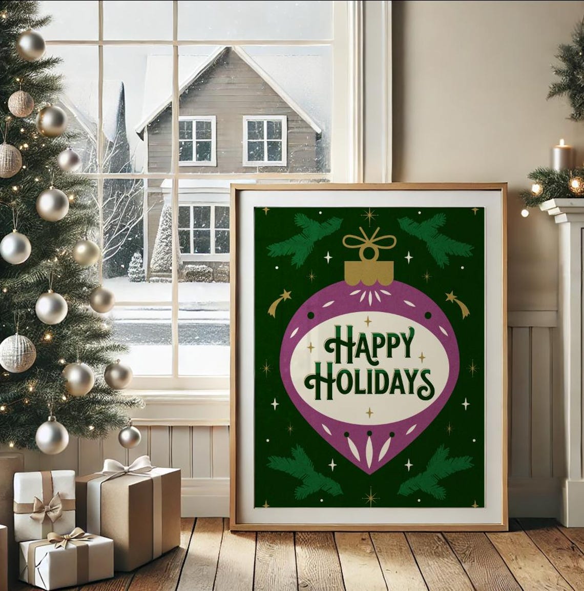 Blank Frame Mockup Christmas Tree Cozy Fireplace Scene Poster - Image 2