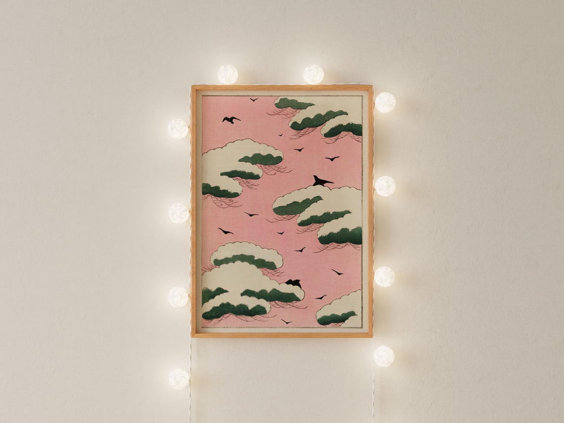 Vintage Japanese Art Pink Sky Illustration Wall Art Home Decor - Image 3