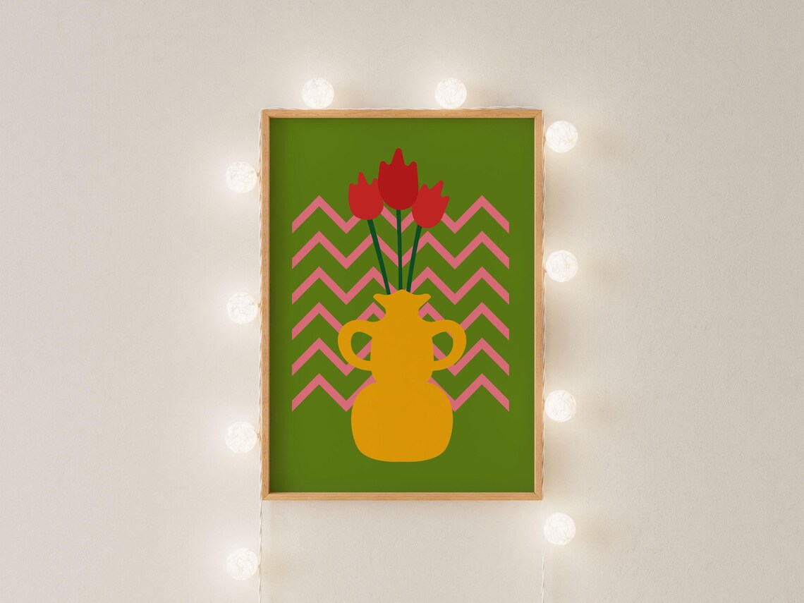 Red Tulips Yellow Vase Green Pink Chevron Bold Floral Art Poster - Image 4