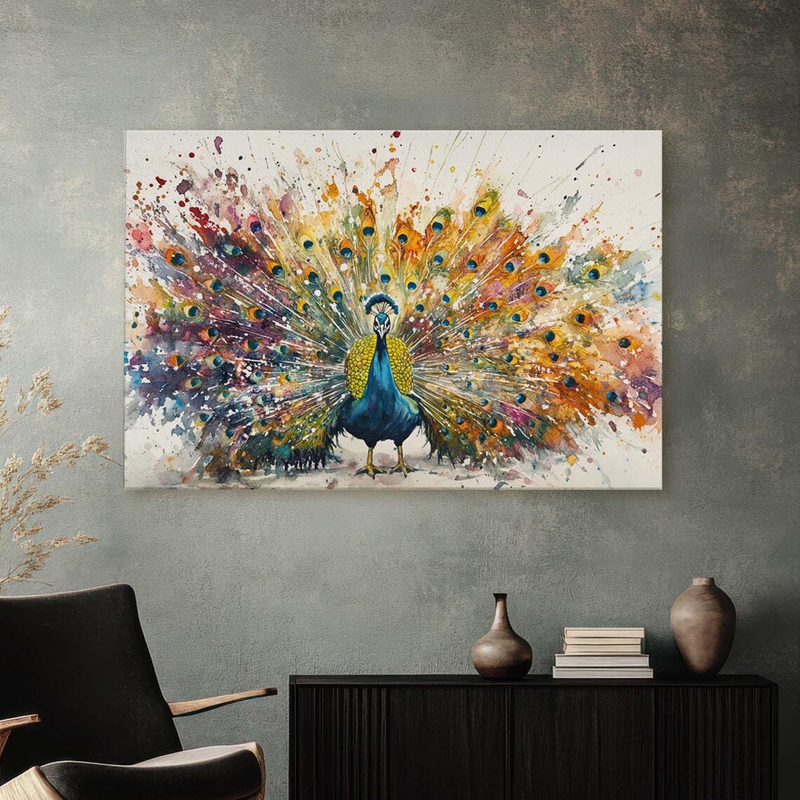 Colorful Peacock With Fanned Tail Watercolor Splash Art Bird Wall Art
