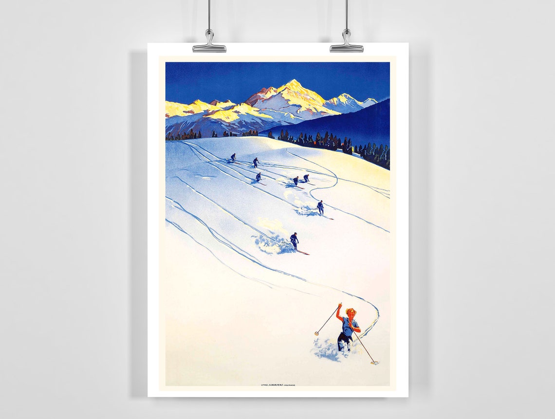 Vintage Sunset Skiers Golden Mountain Peaks Retro Alpine Wall Art