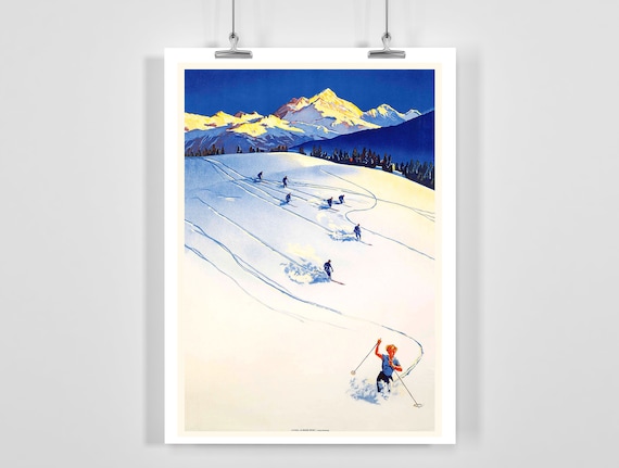 Vintage Sunset Skiers Golden Mountain Peaks Retro Alpine Wall Art