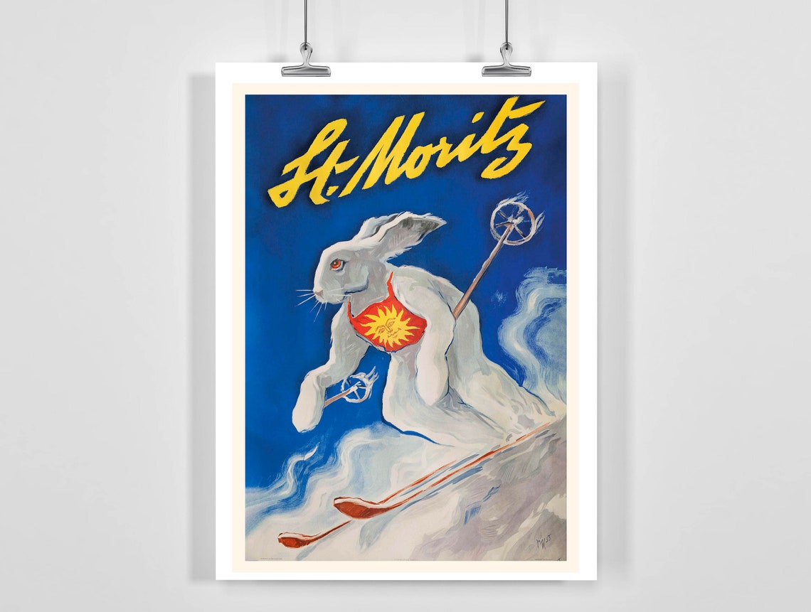 St. Moritz Vintage Ski Bunny Rabbit Retro Swiss Alps Art Poster