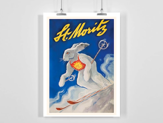 St. Moritz Vintage Ski Bunny Rabbit Retro Swiss Alps Art Poster