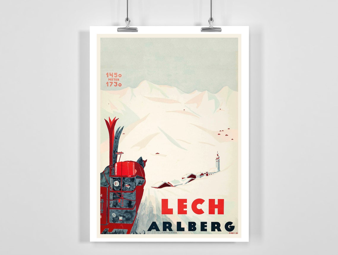 Lech Arlberg Vintage Ski Cable Car Snowy Mountain Retro Travel Print