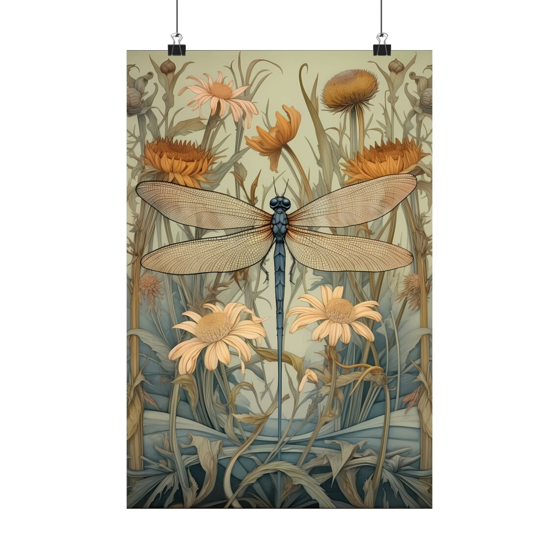 Dragonfly Art Print, William Morris Floral Decor