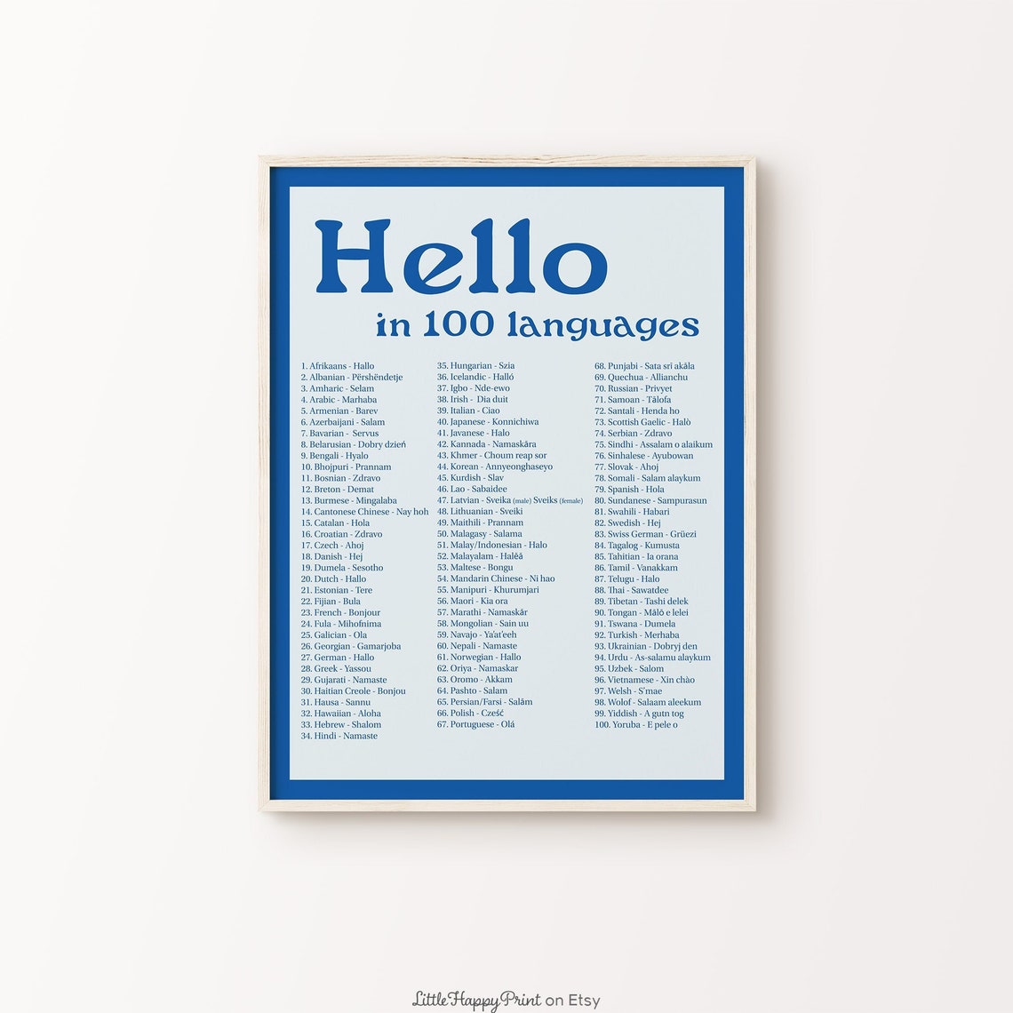 Hello in 100 Languages Blue Numbered List Educational Poster