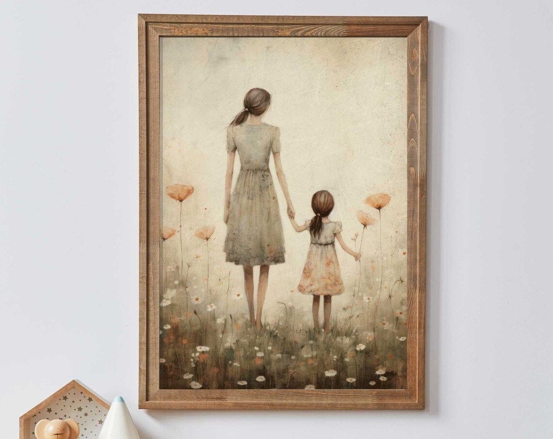 Mother and Daughter Holding Hands in Poppy Field Bond Poster