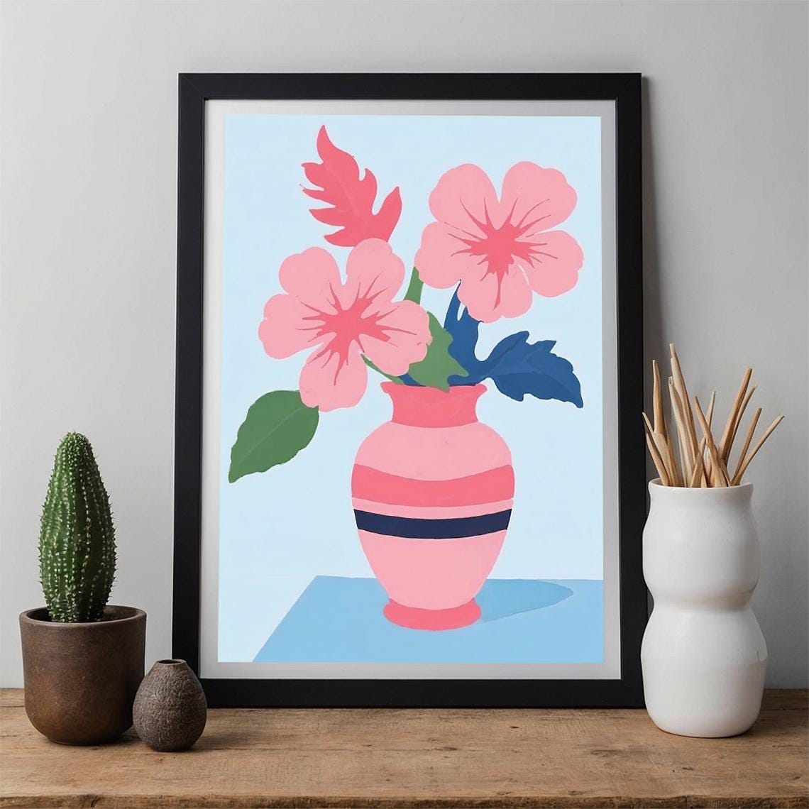 Pink Striped Vase With Tropical Flowers Modern Boho Floral Art Poster