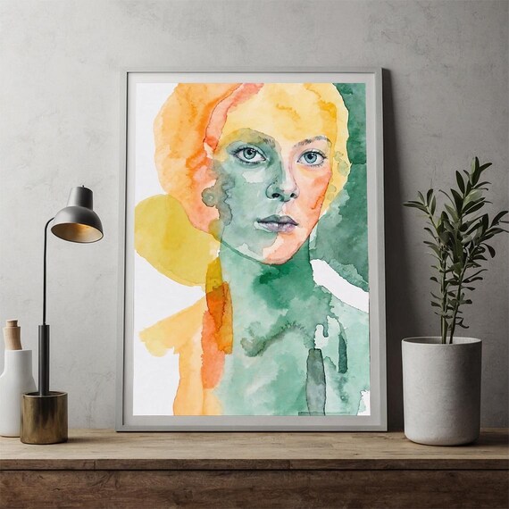 Orange and Green Watercolor Face Modern Abstract Portrait Art Poster