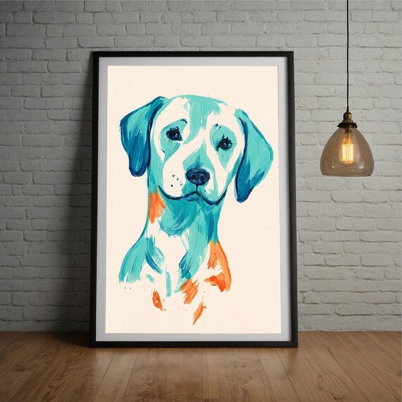 Modern Dog Illustration Blue Orange Abstract Pet Art
