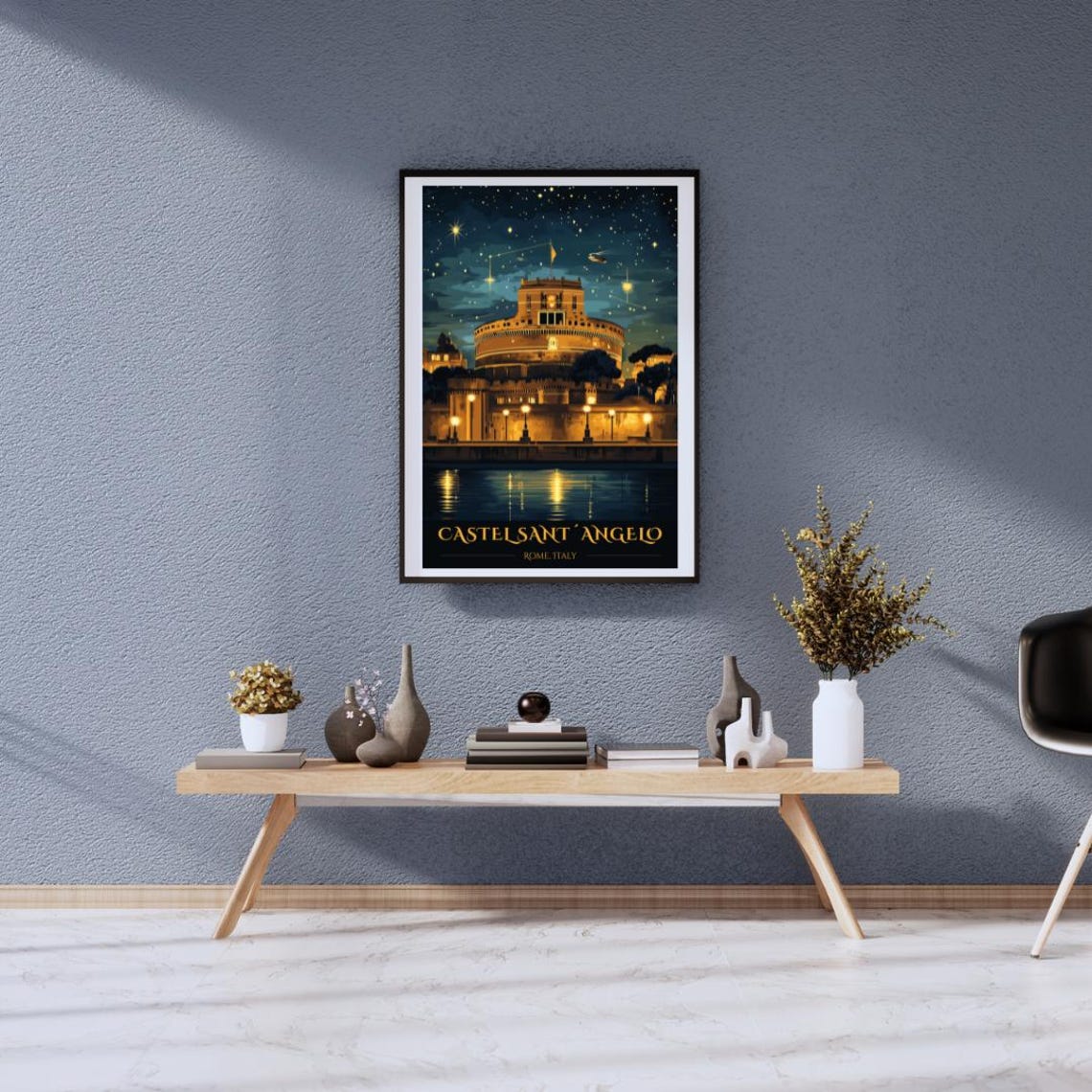 Magical Castel Sant'Angelo Rome Night Sky Vintage Travel Poster - Image 2