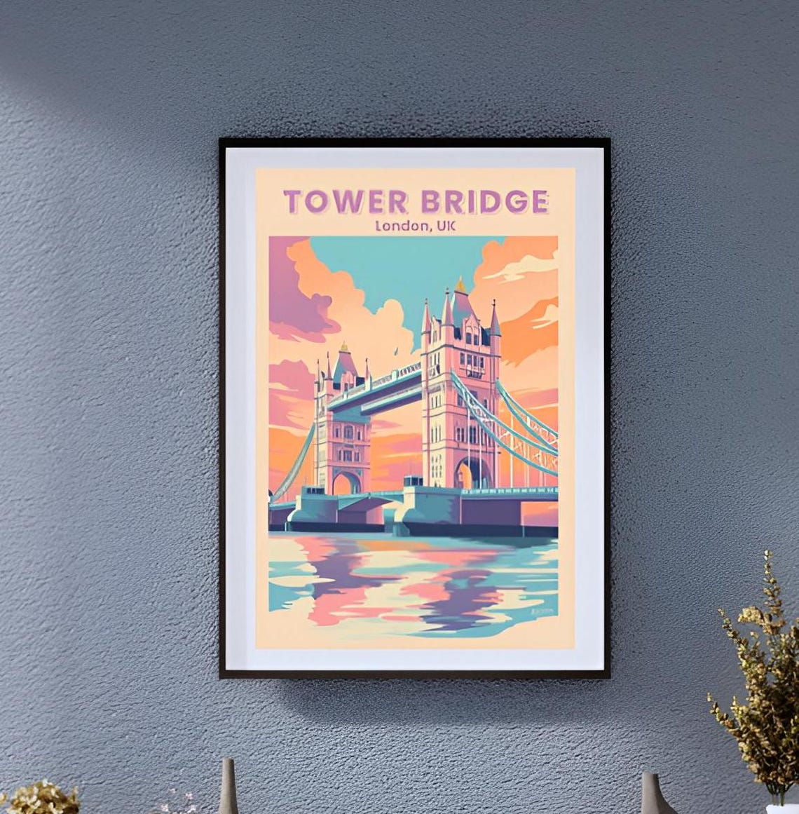Vintage Tower Bridge London Pastel Sunset River Scene Poster