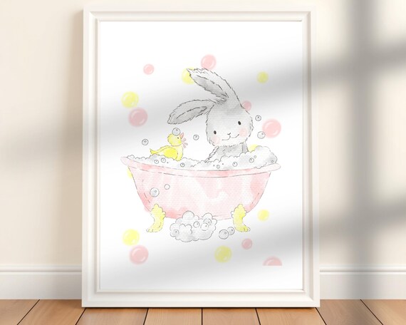 Bunny Bathtub Bubble Bath Duckling Pastel Nursery Watercolor Wall Art