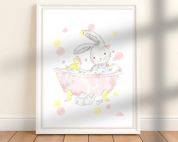 Bunny In Bathtub Print Pastel Nursery Wall Art