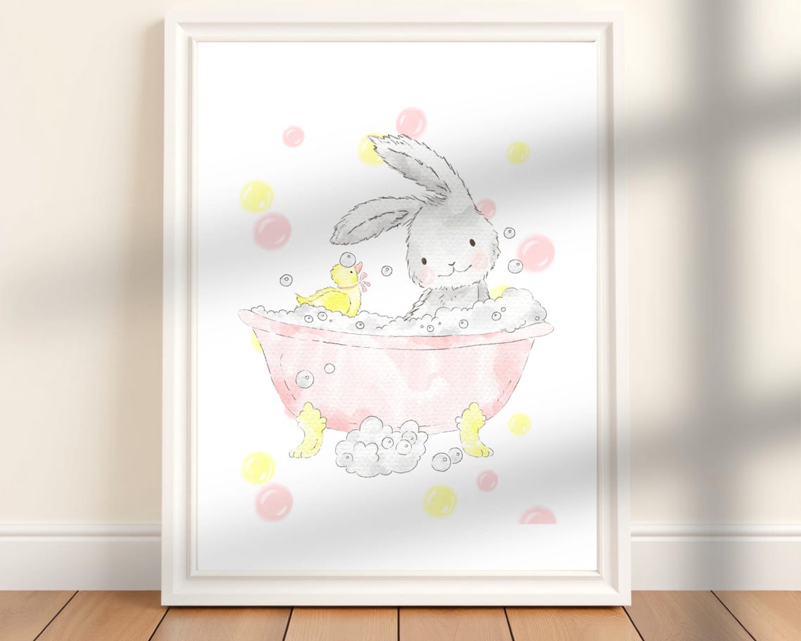 Bunny Bathtub Bubble Bath Duckling Pastel Nursery Watercolor Wall Art
