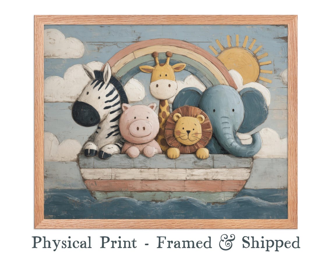 Noahs Ark Nursery Cute Wooden Animals Rainbow Baby Room Poster