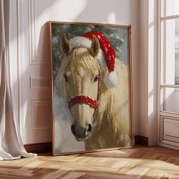 Cute White Horse Santa Hat Snow Christmas Animal Portrait Poster