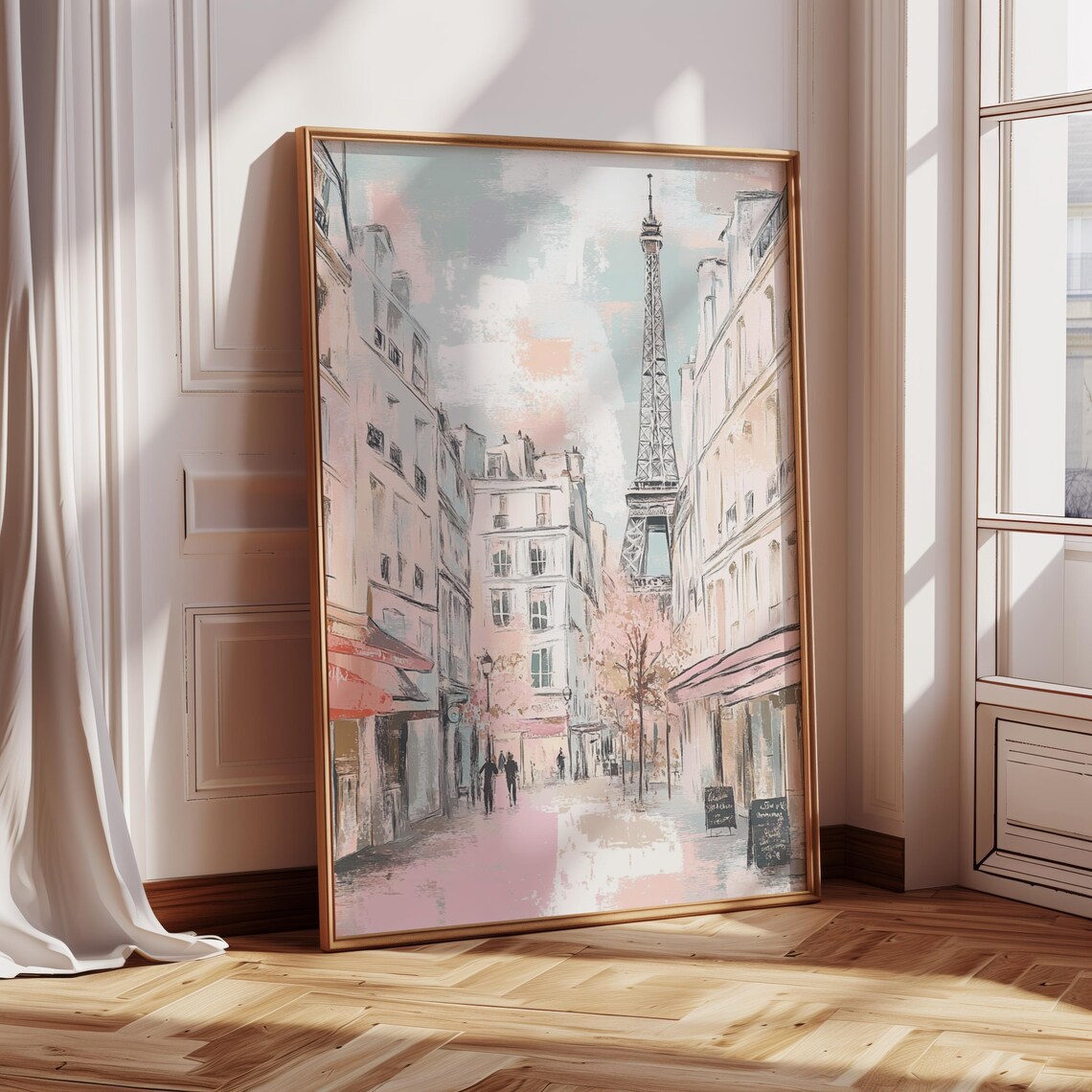Eiffel Tower Paris Watercolor Street Scene Blush Pink Travel Art Poster