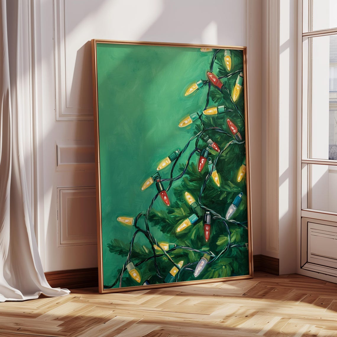 Vintage Christmas String Lights Green Tree Corner Holiday Poster