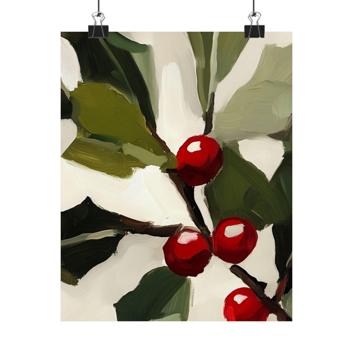 Red Winter Berries Green Leaves Modern Botanical Oil Painting Poster