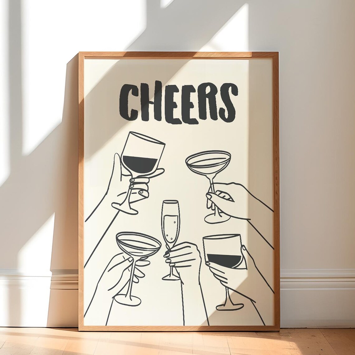 Cheers Wine Cocktail Glasses Line Art Black Beige Bar Cart Poster